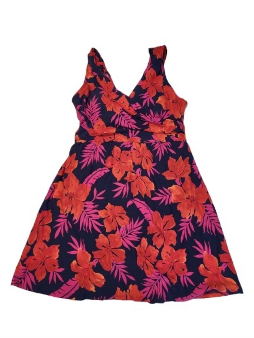 Lands' End Swim Dress Swimsuit CrossOver Tank Pink Navy Floral Tropical size 12